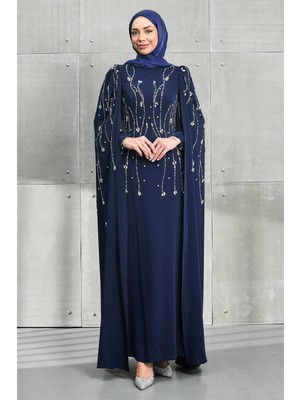 İmaj Butik Lacivert Kolları Pelerinli Taşlı Abiye