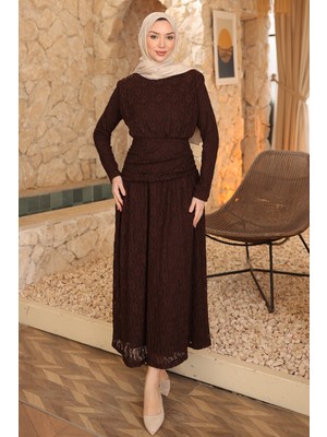 İmaj Butik Kahverengi Güpürlü Bel Detaylı Elbise