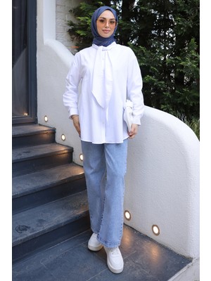 İmaj Butik Beyaz Yaka Bağlamalı Poplin Gömlek