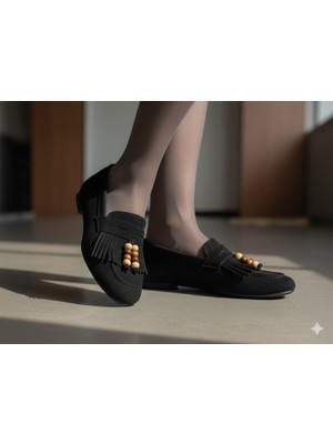 Kindep Püsküllü Günlük Kadın Babet Siyah