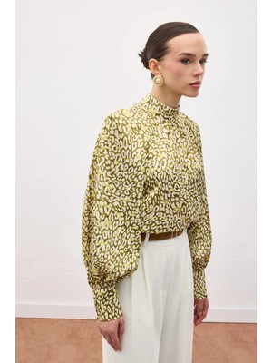 Sateen Desenli Bluz - Yeşil