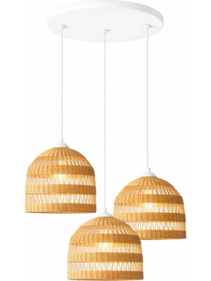 JouJou El Yapımı Rustik Rattan 3'lü Avize Lumı 30 x 35 cm | Doğal Kök Boya Vernikli Iskandinav Aydınlatma