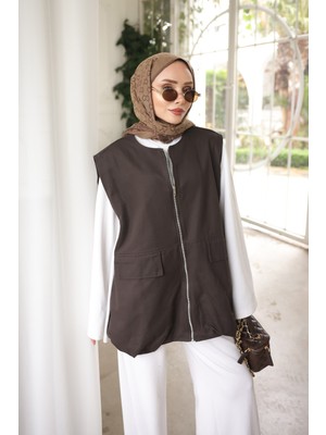 İmaj Butik Kahverengi Fermuarlı Oversize Gabardin Yelek