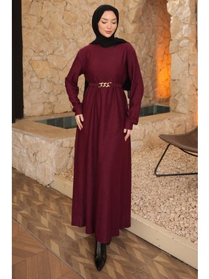 İmaj Butik Mürdüm Zincir Kuşaklı Fitilli Uzun Elbise