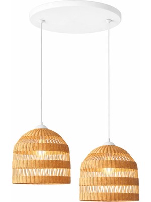 JouJou El Yapımı Rustik 2'li Rattan Avize Lumı 30 x 35 cm | Doğal Kök Boya Vernikli Iskandinav Aydınlatma