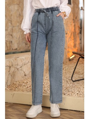 İmaj Butik Mavi Bel Lastikli Çimalı Kot Pantolon