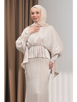 İmaj Butik Taş Yarasa Kol  Katlı Janjan Abiye