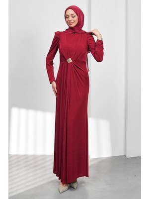 İmaj Butik Bordo Önü Drpeli Tokalı Abiye