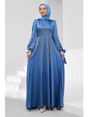İmaj Butik Indigo Kol Bağlamalı Taşlı Saten Abiye