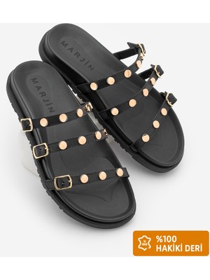 Marjin Kadın Hakiki Deri Üç Bantlı Zımbalı Günlük Terlik Zoven Siyah Altın