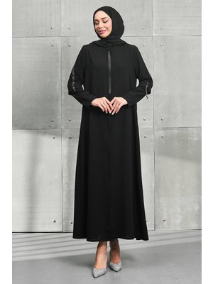 İmaj Butik Siyah Bisiklet Yaka Taşlı Fermuarlı Ferace