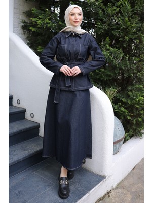 İmaj Butik Lacivert Bel Kuşaklı Çift Cepli Ceket Etekli Takım