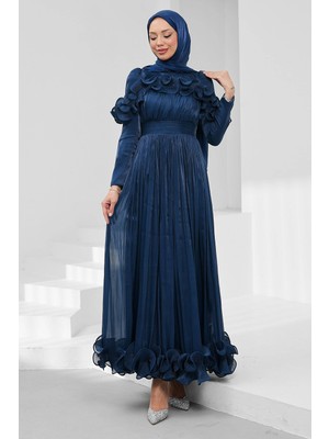 İmaj Butik Lacivert Yaka ve Etek Ucu Fırfırlı Işıltılı Abiye