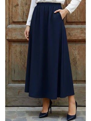 İmaj Butik Lacivert Bel Lastikli Cepli Kloş Etek