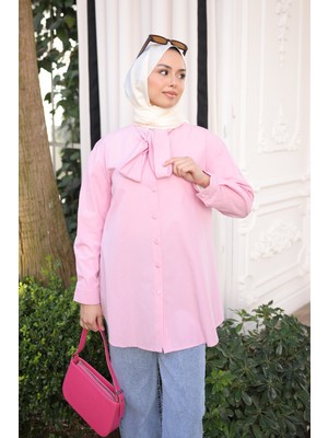 İmaj Butik Pembe Yaka Bağlamalı Poplin Gömlek