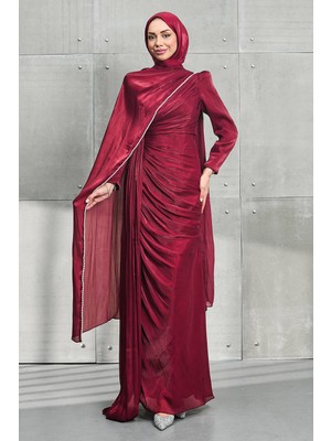 İmaj Butik Bordo Inci Pelerinli Önü Büzgülü Abiye