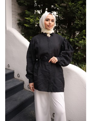 İmaj Butik Siyah Bel Bağlamalı Broşlu Modal Tunik