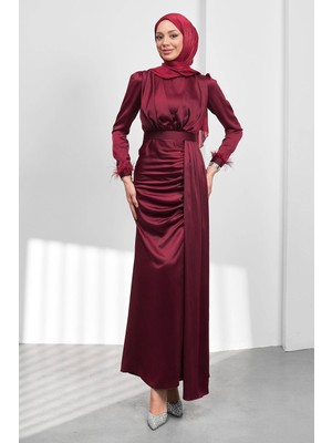 İmaj Butik Bordo Kemerli Önü Drapeli Balık Model Saten Abiye