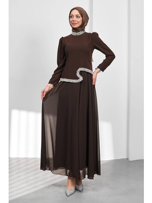 İmaj Butik Kahverengi Asimetrik Detaylı Taşlı Abiye