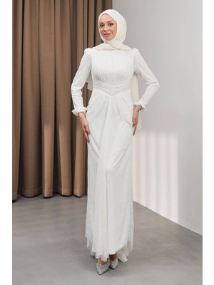 İmaj Butik Ekru Bel Detaylı Balık Model Güpürlü Abiye