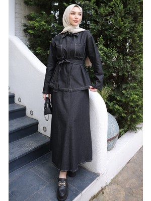 İmaj Butik Siyah Bel Kuşaklı Çift Cepli Ceket Etekli Takım