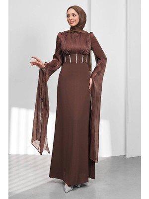 İmaj Butik Kahverengi Kol Detaylı Balık Model Taşlı Abiye