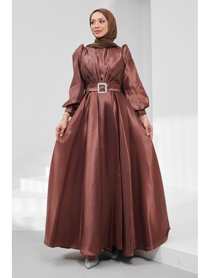 İmaj Butik Koyu Mürdüm Balon Kol Drapeli Abiye