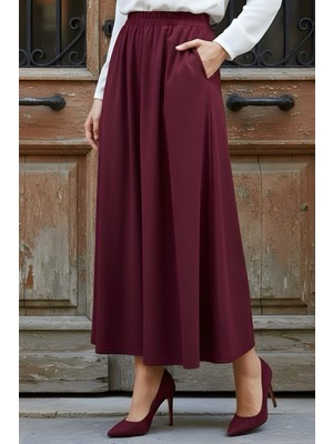 İmaj Butik Bordo Bel Lastikli Cepli Kloş Etek