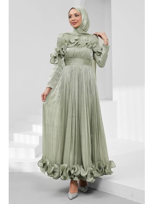 İmaj Butik Mint Yeşili Yaka ve Etek Ucu Fırfırlı Işıltılı Abiye