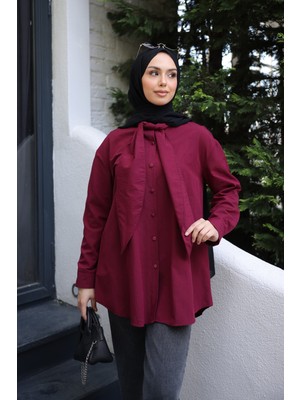 İmaj Butik Bordo Yaka Bağlamalı Poplin Gömlek