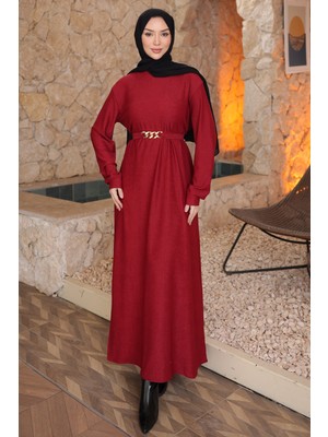 İmaj Butik Bordo Zincir Kuşaklı Fitilli Uzun Elbise