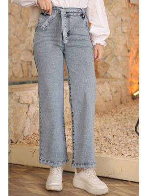 İmaj Butik Açık Mavi Bel Kuşaklı Bol Paça Kot Pantolon