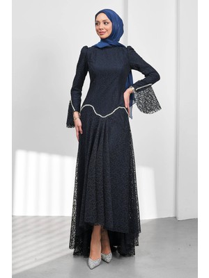 İmaj Butik Lacivert Güpürlü Astarlı Taşlı Abiye
