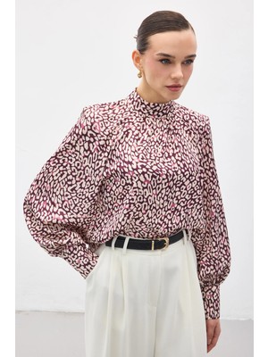 Sateen Desenli Bluz - Mürdüm