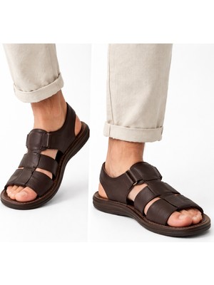 Polaris 5 Nokta Hakiki Deri Erkek Sandalet Kahve