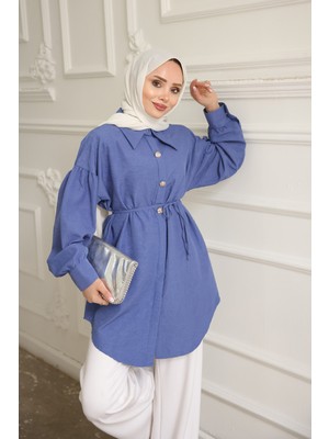 İmaj Butik Indigo Kendinden Desenli Ip Detaylı Gömlek