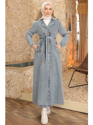 İmaj Butik Mavi Kravuze Yaka Düğmeli Trençkot