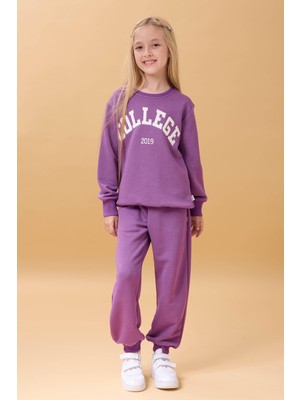 Perendi Kız Çocuk Bisiklet Yaka Kabartma Yazı Detaylı 2'li Eşofman Takımı Şardonsuz