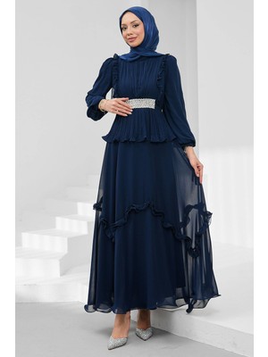 İmaj Butik Lacivert Beli Taşlı Pliseli Şifon Abiye