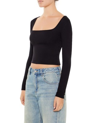 F21 Kare Yaka Uzun Kollu Tişört