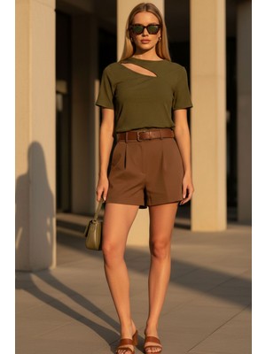 Lupinn Kadın Haki Fitilli Tişört Bluz Asimetrik-Dekolte Detaylı Yumuşak Dokulu Rahat Kesim Günlük Şık Bluz