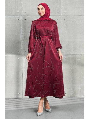 İmaj Butik Bordo Taşlı Kuşaklı Saten Elbise