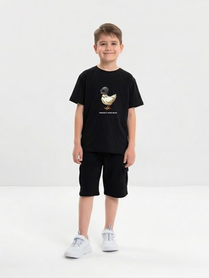 Broco Erkek Çocuk Kombini Alt-Üst Takım Şort   Baskılı T-Shirt Protect Your Head