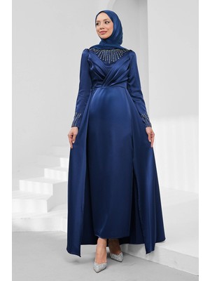 İmaj Butik Lacivert Önü Taşlı Saten Abiye