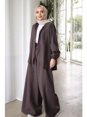 İmaj Butik Kahverengi Kapüşonlu Bol Paça Ceket Pantolonlu Takım