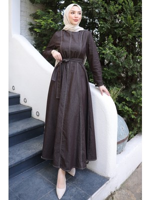 İmaj Butik Kahverengi Bisiklet Yaka Kuşaklı Kot Elbise