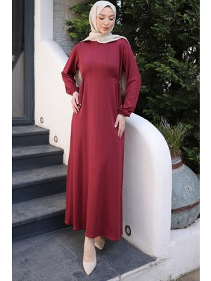 İmaj Butik Bordo Bisiklet Yaka Bel ve Kol Lastikli Bürümcük Elbise