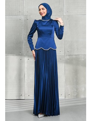 İmaj Butik Lacivert Beli Taş Detaylı Etek Pileli Saten Abiye