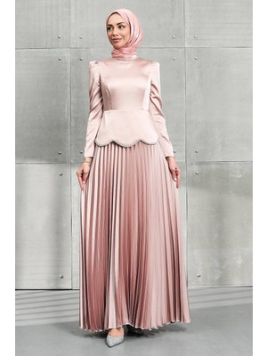 İmaj Butik Pudra Beli Taş Detaylı Etek Pileli Saten Abiye