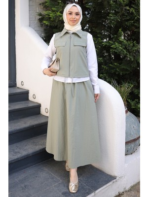 İmaj Butik Haki Yelek Gömlek Etek Üçlü Takım